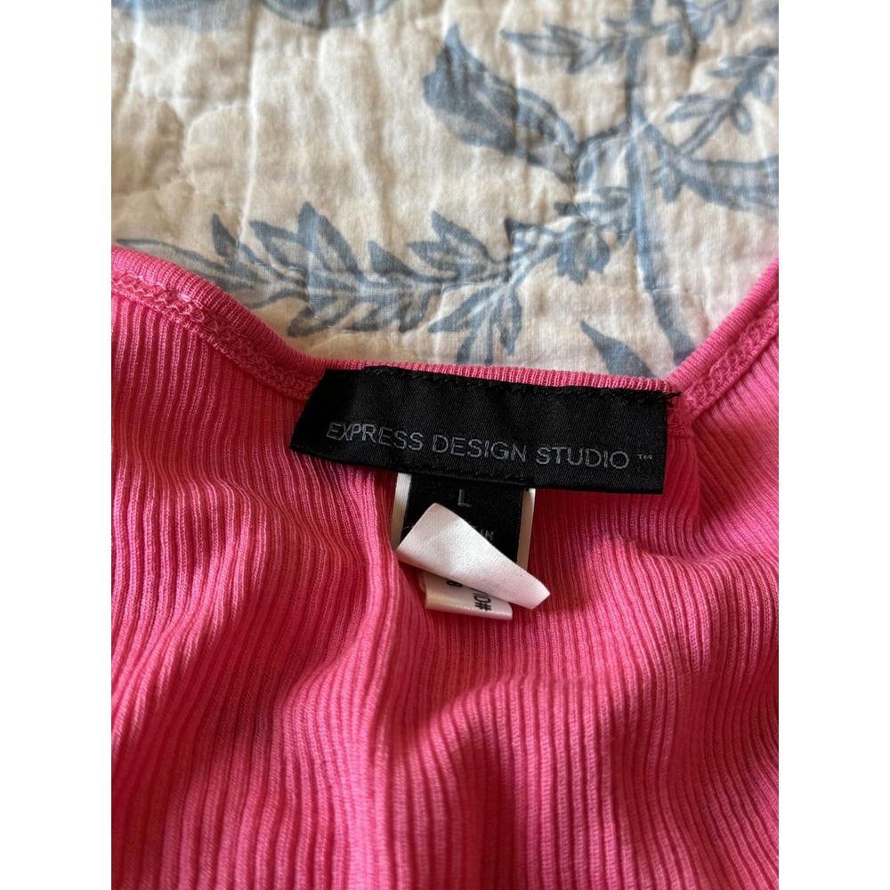 Vintage, 2000s Hot Pink Ribbed Camisole with Pink Rhinestone Neckline, sz large - Picture 3 of 6